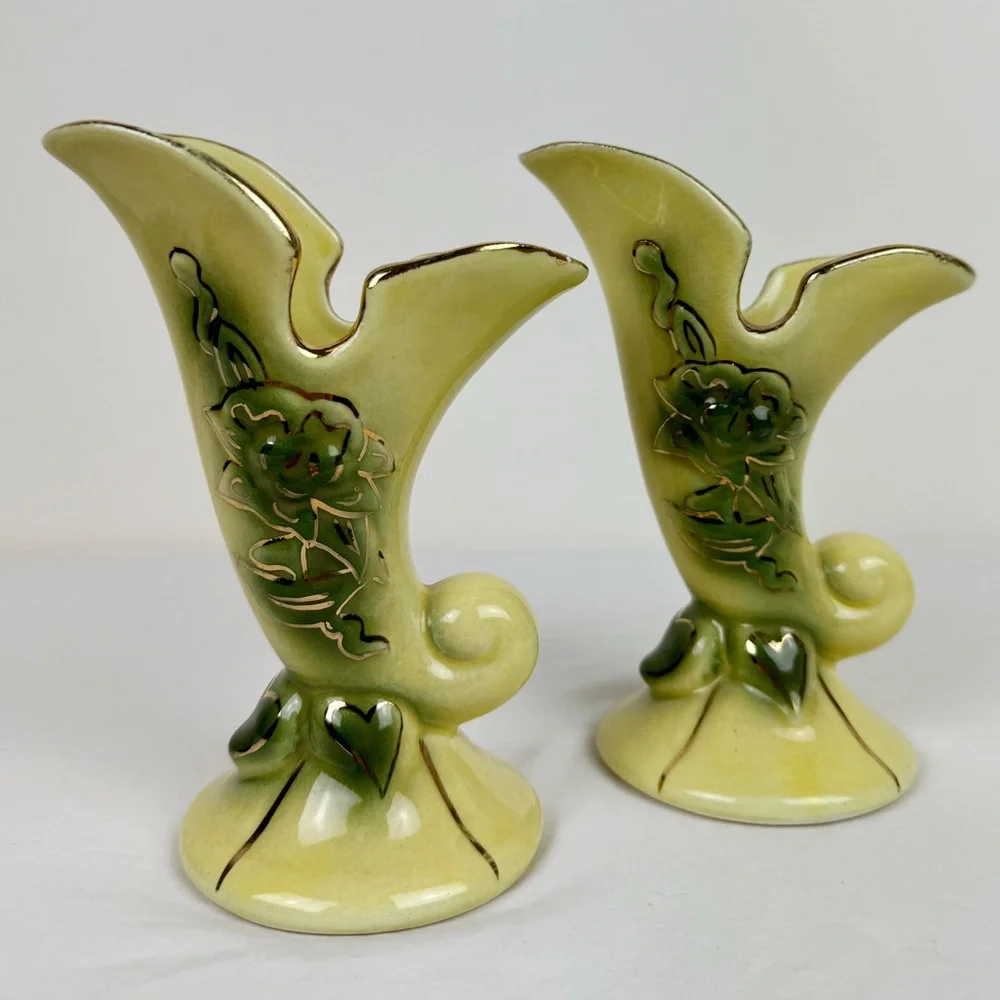 Yellow Floral Cornucopia Vases- Set of Two - Picture 2 of 8